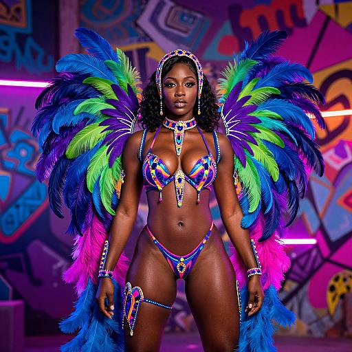 Photograph of a dark-skinned woman with curly hair, wearing a colorful feathered bikini and matching accessories, standing against a vibrant graffiti background with neon
