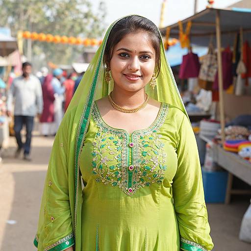 Photograph of a smiling South Asian woman in a vibrant green embroidered traditional dress and veil, standing at a bustling outdoor market.