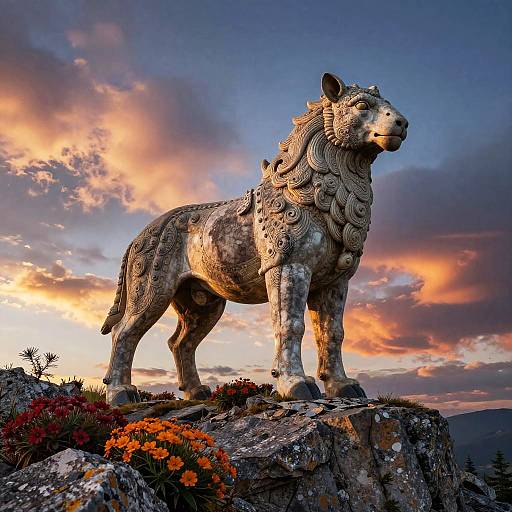 Photograph of a detailed stone lion statue standing on a rocky cliff at sunset, with vibrant orange flowers and dramatic clouds in the background.