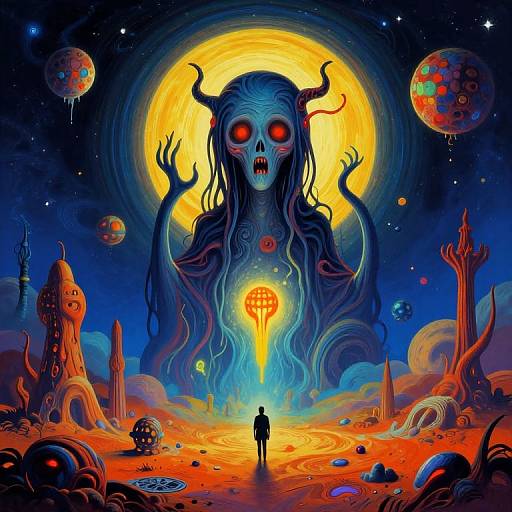 Digital artwork: Giant, eerie blue demon with red eyes, horned, and glowing heart, looming over a small figure in a surreal, colorful,