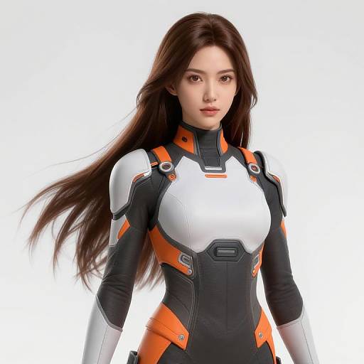 CGI image of an Asian woman with long brown hair, wearing a white and black futuristic bodysuit with orange accents, standing against a white background
