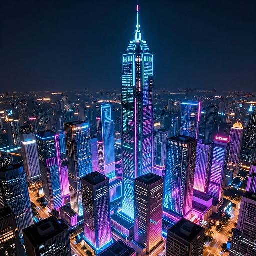 Aerial photo of a neon-lit, futuristic cityscape at night, featuring brightly colored skyscrapers in blue, purple, and pink hues,
