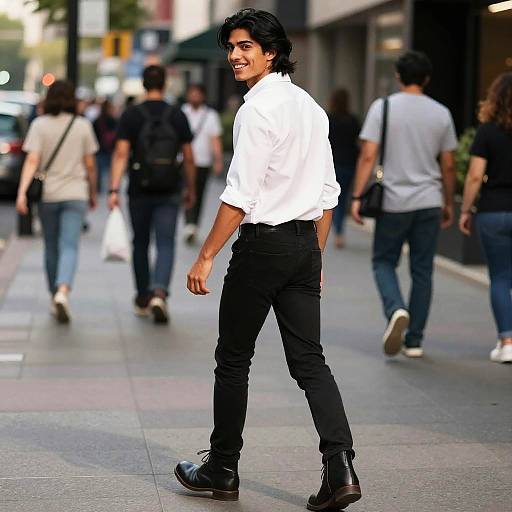 Photograph of a smiling, dark-haired man in a white shirt and black pants walking on a busy city sidewalk, with blurred pedestrians in the background.