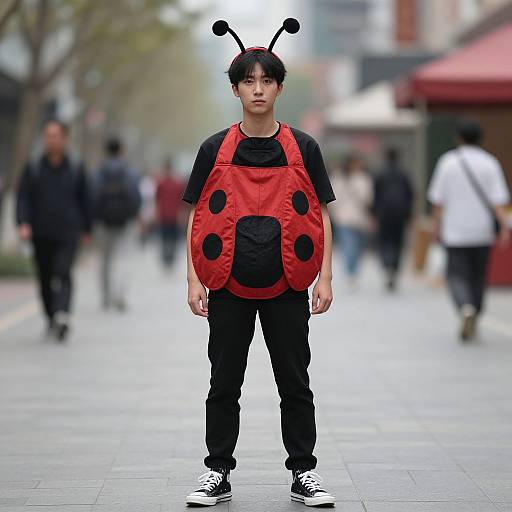 Photograph of an Asian man in a red ladybug costume with black spots, black pants, and black sneakers, standing in a blurred urban street.