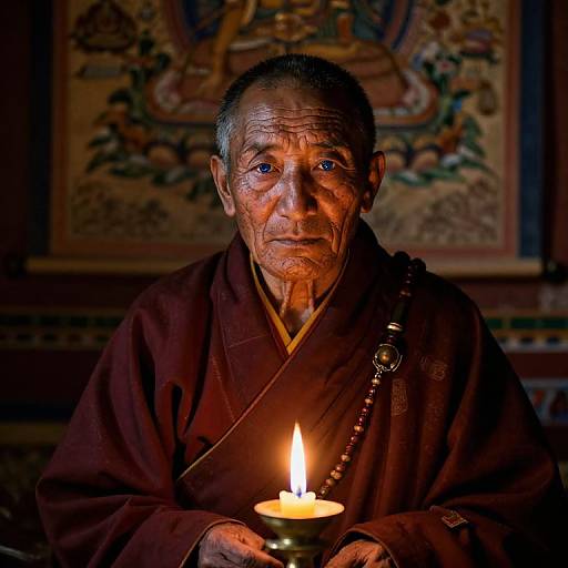 Elderly Tibetan Monk in Candlelight