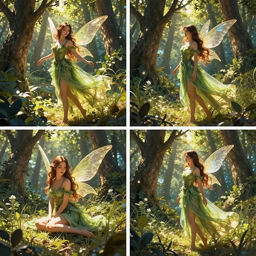 Photograph collage: Fairy with green dress and translucent wings in sunlit forest, posing gracefully, sitting, and standing amidst lush greenery.