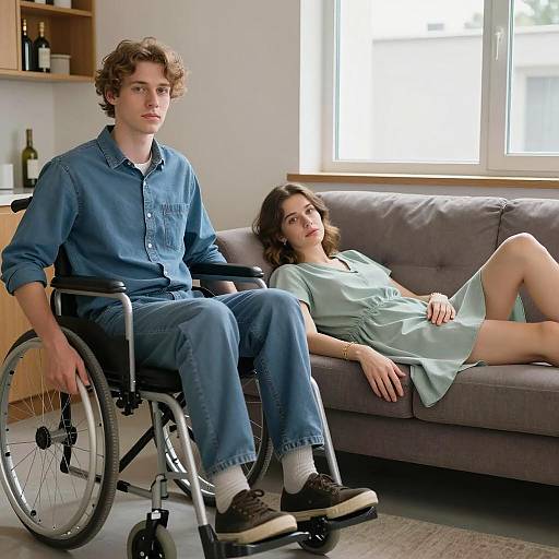 Man in Wheelchair and Woman Relaxing on Couch