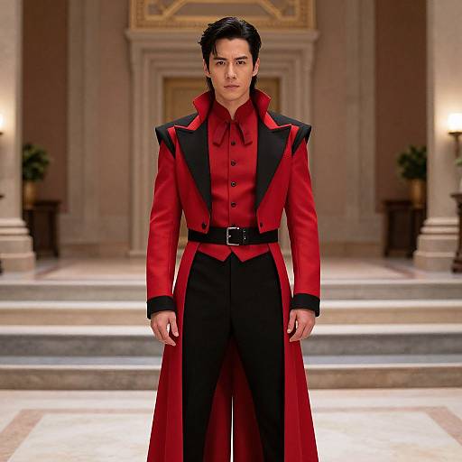 Photograph of a handsome man with dark hair, wearing a red and black long coat, standing in an elegant, grand hall.