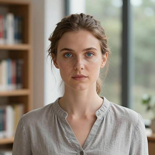 Portrait of Serious Woman in Light Gray Shirt
