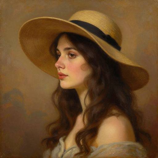 Digital painting of a young woman with long dark wavy hair, wearing a straw hat with a black band, and an off-shoulder white blouse