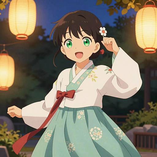 Anime-style digital illustration of a cute young girl with green eyes, black hair, and a flower, wearing a traditional Korean hanbok, under warm