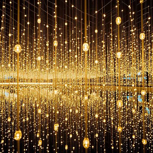 Photograph of a nighttime installation featuring numerous bright yellow and orange hanging lights creating a dense, sparkling grid against a dark background.
