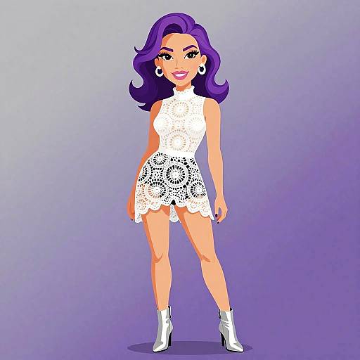 Digital illustration of a confident woman with purple hair, wearing a white lace dress, white high heels, and large earrings, standing against a gradient purple background