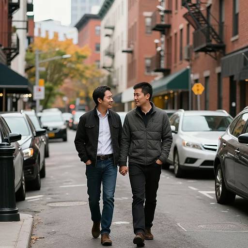 Photograph of two Asian men, casually dressed in dark jackets and jeans, walking hand in hand on a bustling urban street.