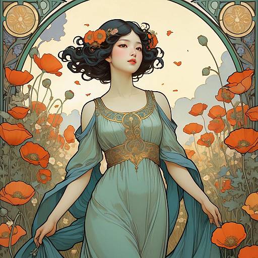 Art Nouveau Woman in Poppy Garden