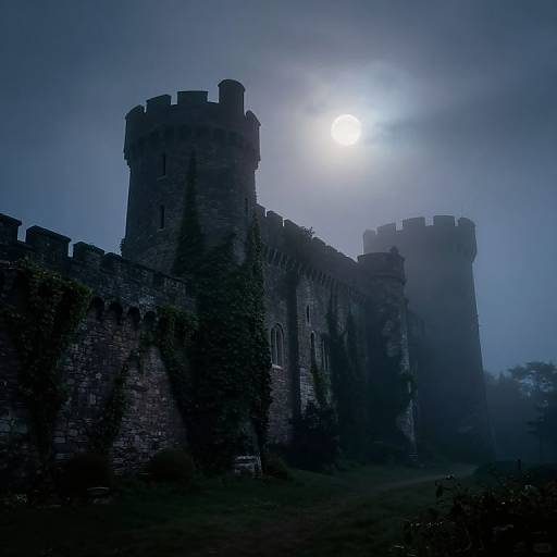 Mysterious, ancient stone castle with crenellated towers bathed in eerie blue moonlight, surrounded by thick fog, creating a spooky, haunting