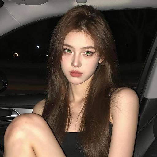 Serious Woman in Car at Night