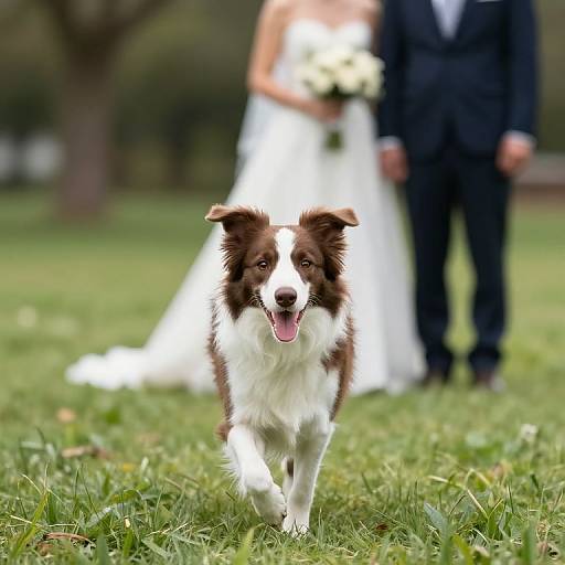 Photograph of a brown-and-white Border Collie running on green grass, with a blurred bride in a white dress and groom in a black suit in