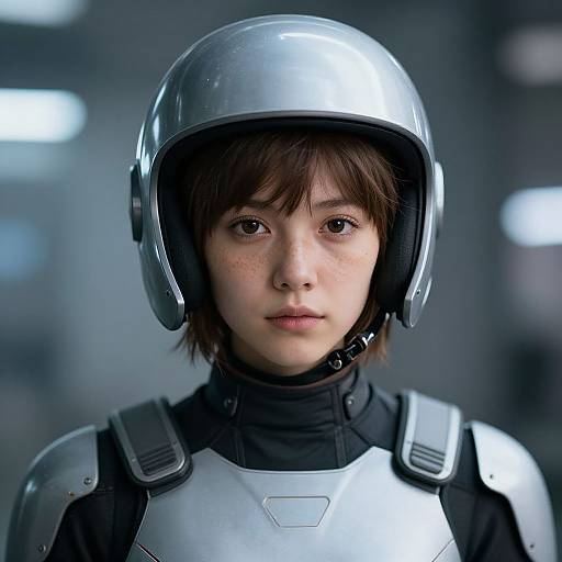 Photorealistic CGI of a young, fair-skinned boy with brown hair, wearing a silver helmet and futuristic armor, with a serious expression against a