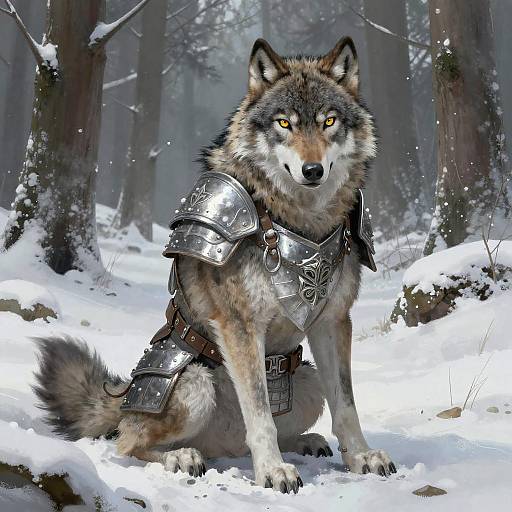 Digital artwork of a fierce, armored wolf with glowing yellow eyes, sitting in a snowy forest. The wolf wears detailed, silver medieval armor with a leather