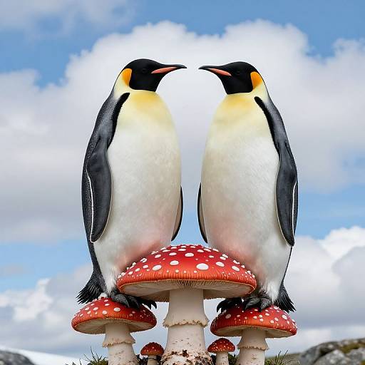 Photograph of two penguins standing on red, white-spotted mushrooms against a blue sky with fluffy clouds. The penguins have black and white feathers