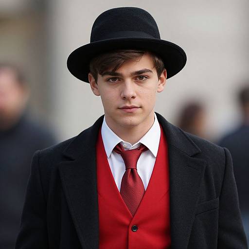Young man with fair skin, dark brown hair, and brown eyes, wearing a black bowler hat, red vest, white shirt, and red tie
