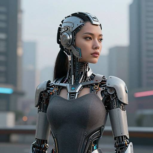 Photorealistic CGI of a young Asian woman with cybernetic enhancements, wearing a form-fitting gray top, standing in a futuristic cityscape.