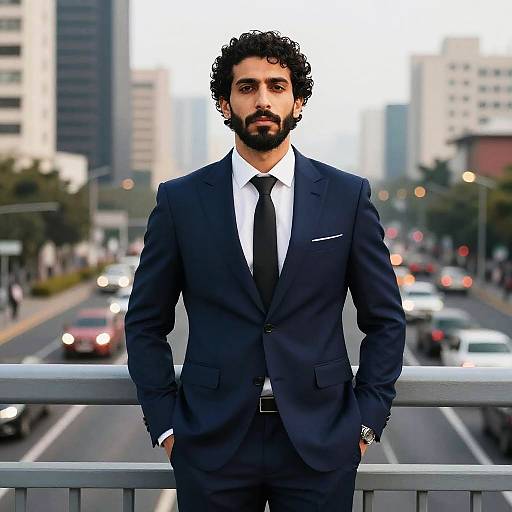 Photograph of a bearded man with curly black hair, wearing a dark blue suit, white shirt, and black tie, standing on a city bridge