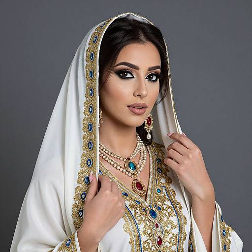 Photograph of a beautiful South Asian woman with dark hair, wearing an ornate white dupatta adorned with gold embroidery and blue gemstones, paired with