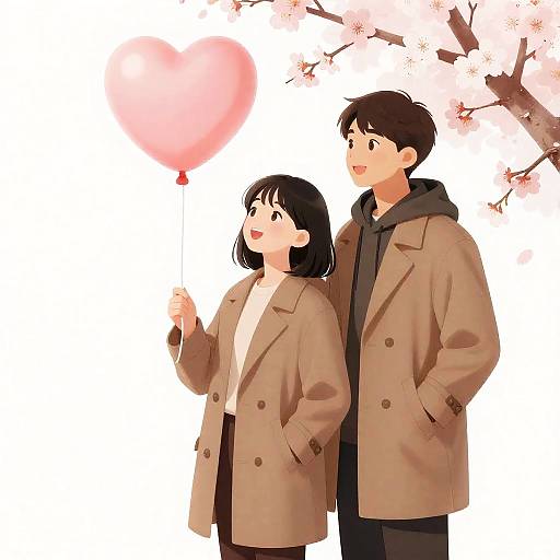 Couple with Heart Balloon under Cherry Blossoms