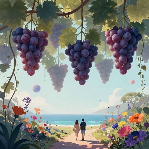 Ethereal Grapes Over Serene Ocean Path