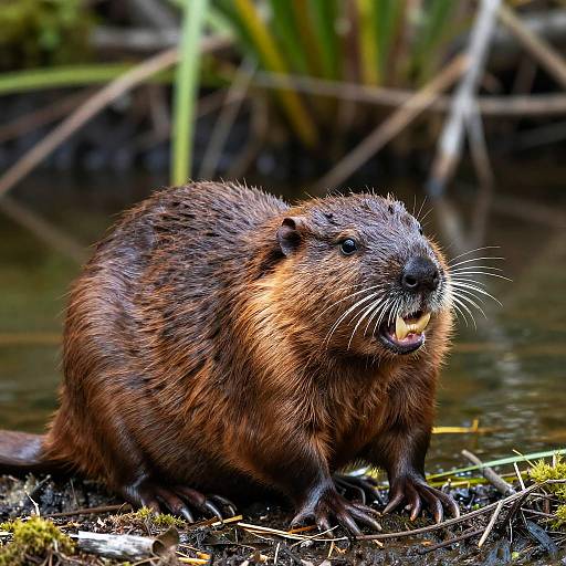 Photograph of a wet, brown beaver with open mouth, sharp teeth, and whiskers, standing on muddy bank with blurred greenery background.