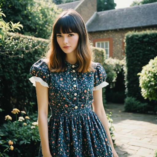 Fashion Model in Vintage Floral Dress in Garden