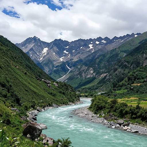 Photograph of a turquoise mountain river flowing through a lush green valley, surrounded by rocky cliffs and snow-capped peaks under a partly cloudy sky.