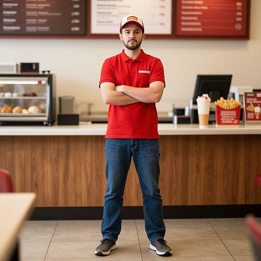 Photograph of a bearded man in a red Nike polo and cap, standing with arms crossed in a modern, brightly lit fast-food restaurant. Background