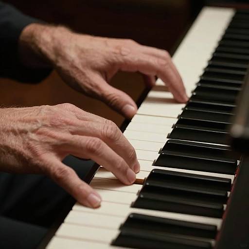 Close-up photograph of an elderly person's wrinkled hands playing a black-and-white piano keyboard, highlighting the texture and movement.