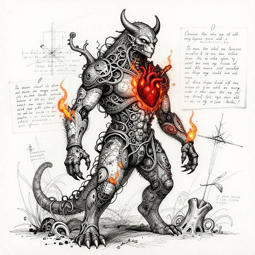 Ink Sketch of a Humanoid Patchwork Beast with Fiery Heart