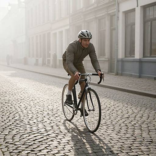 Photograph of a middle-aged man in a helmet, brown jacket, and beige pants, riding a black bicycle on a foggy, cobblestone