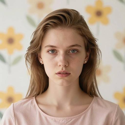 Serious Young Woman with Floral Background