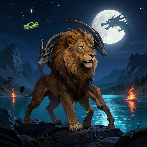 Digital fantasy artwork: Three-headed lion with ram horns, glowing eyes, standing by moonlit lake, fireflies, flying car, and dragon in night