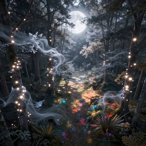 Magical forest scene at night, illuminated by glowing fairy lights and ethereal, swirling smoke, with colorful lights on the forest floor.