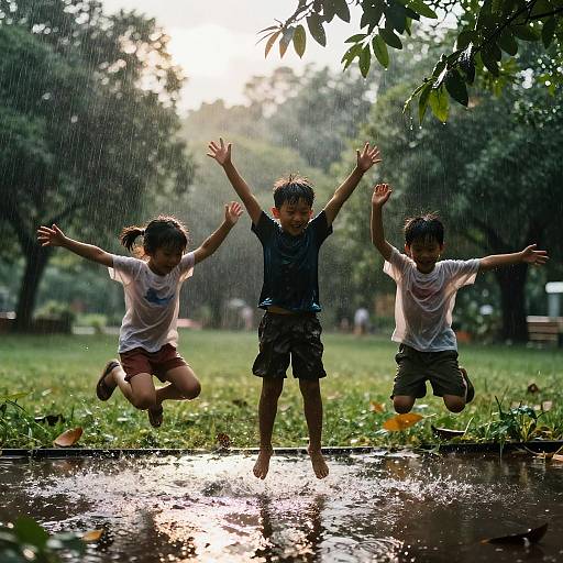 Joyful Children Jumping in Rain