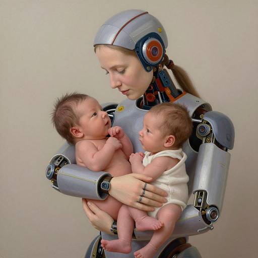Photograph of a silver robotic woman with human-like features, holding two naked, brown-haired babies; one in her left arm, the other in her