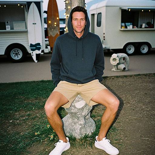 Photograph of a casually dressed man in a black hoodie, beige shorts, and white sneakers, sitting on a rock at a campsite with food trucks