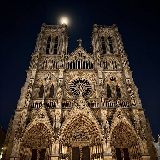 Photograph of Notre-Dame Cathedral at night, illuminated by lights, with a full moon in the dark blue sky above its intricate Gothic architecture.