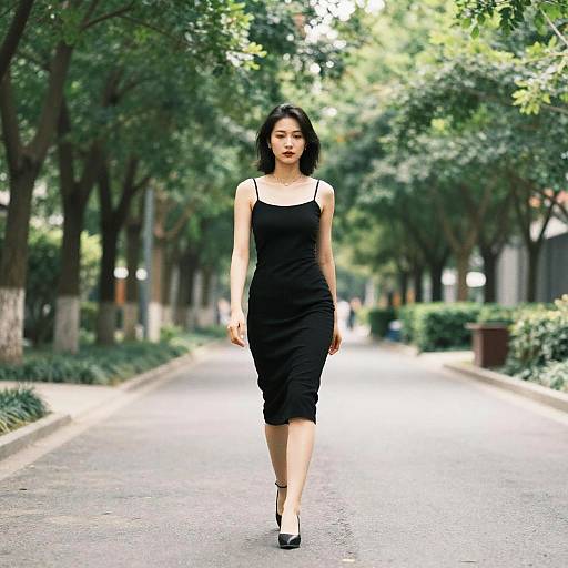 Woman in Black Dress Walking on Tree-Lined Path