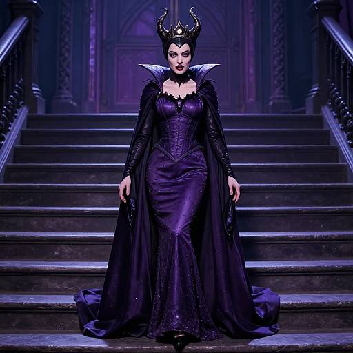 Photograph of a regal woman in a dark purple, velvet gown with a black crown, feathered collar, and long cape, standing on grand