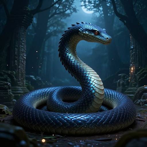 Digital artwork of a glowing blue, serpentine dragon coiled in a moonlit, mystical forest with ancient ruins and floating embers.