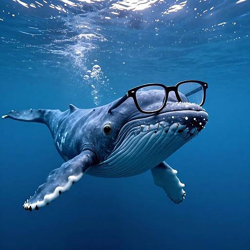 Photograph of a blue whale underwater wearing oversized black-rimmed glasses, with bubbles rising to the surface. The whale's textured skin and wide,