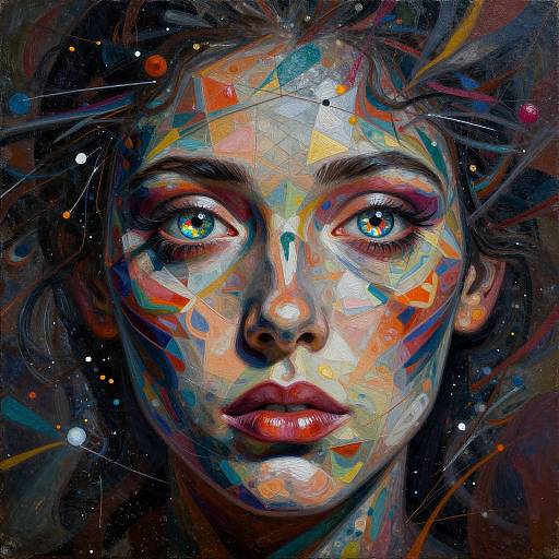 Digital art: Vibrant, abstract portrait of a young woman with large blue eyes, colorful geometric patterns, and a cosmic background.